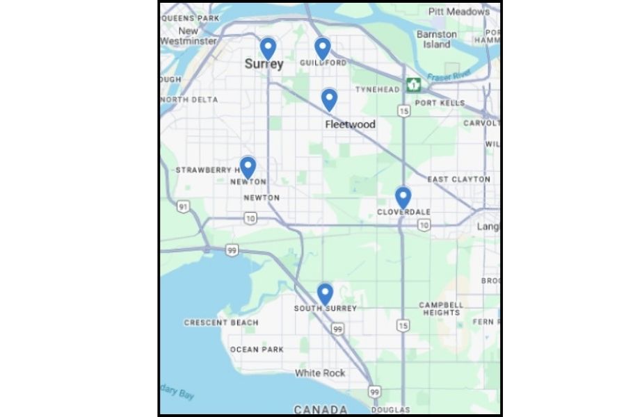 Map of Surrey BC showing location pins for Whalley, Guildford, Fleetwood, Newton, Cloverdale, and South Surrey neighbourhoods.