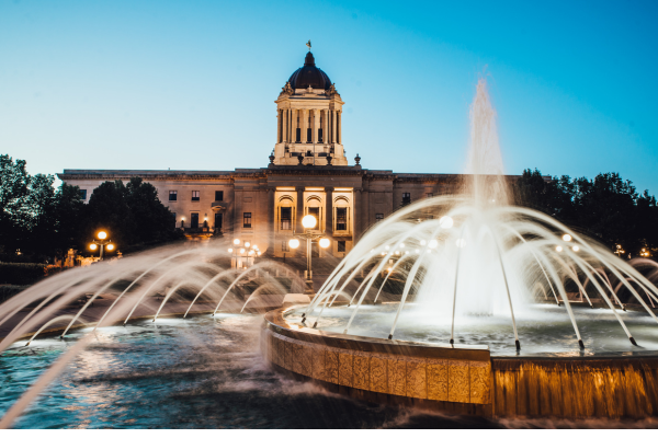 Large water fountains in front of Winnipeg's legislative building