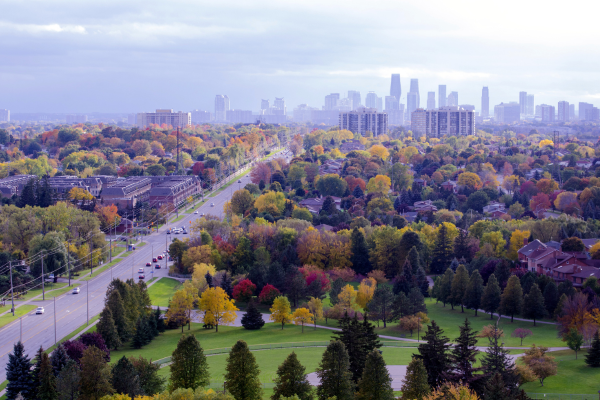 Aerial view of a residential neighbourhood in Mississauga, Ontario.