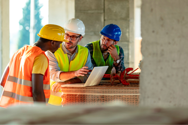 Three construction workers wearing hard hats talk as they look at a computer. The construction sector is a strong part of the Canadian job market.