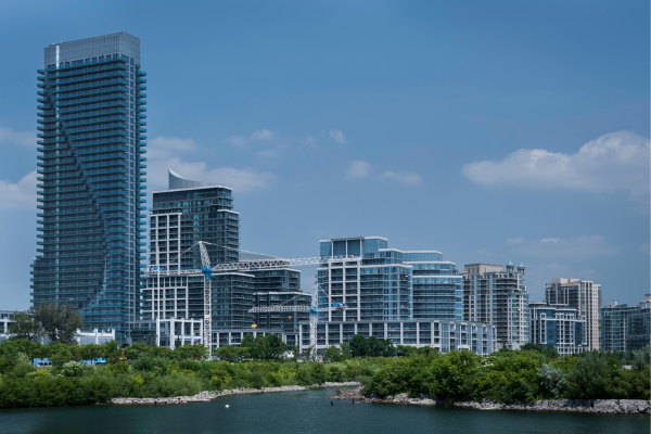 The exterior of modern condos on the Western shoreline of Toronto. The Toronto rental market is seeing a decline in prices for condos.