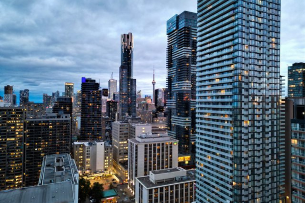 A drone image of downtown Toronto. The Toronto rental market has an over supply of condos for rent. 