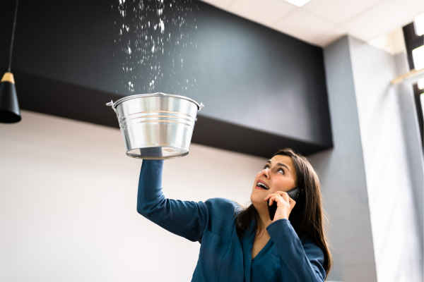 A woman is calling a plumber as she deals with a water leak in her basement apartment. 