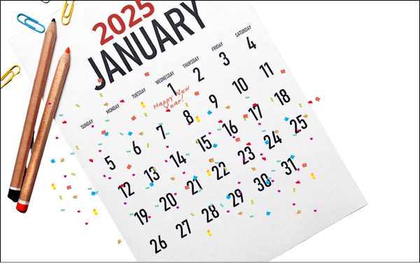 A January 2025 calendar with confetti and pencils marking happy new year.