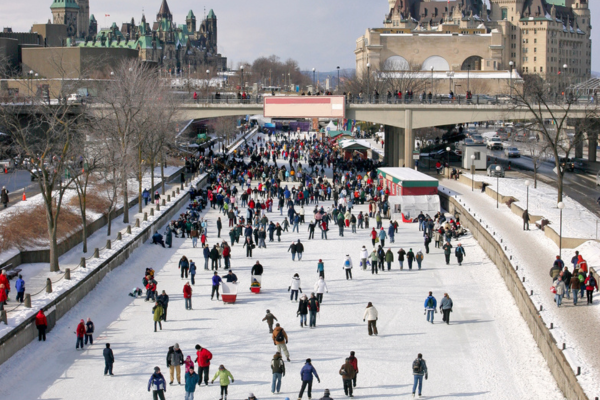 People skating on the Rideau Canal in Ottawa during Winterlude.